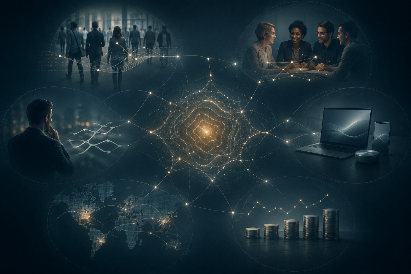 Collage aus Geschäftstreffen, globaler Vernetzung und wirtschaftlichem Wachstum