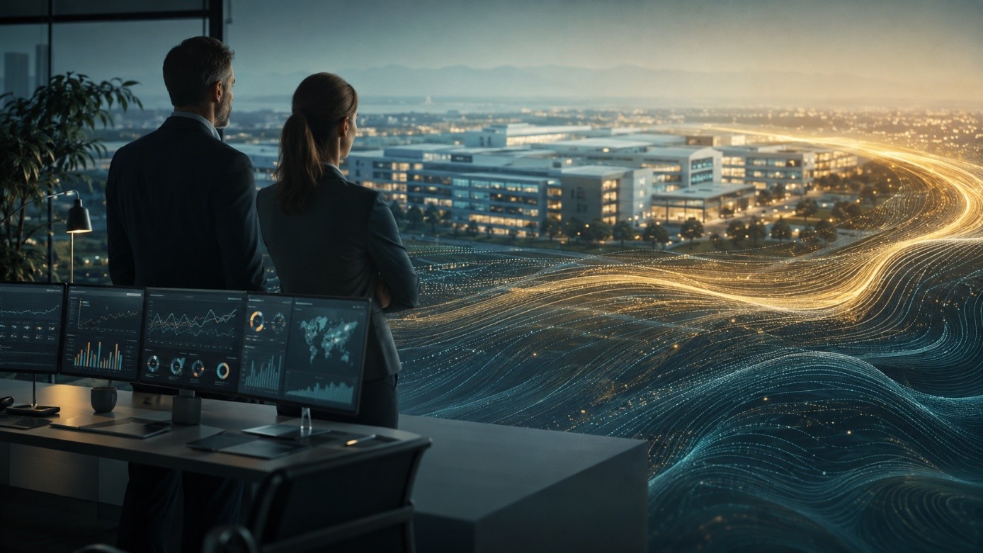 Zwei Führungskräfte blicken aus einem Fenster auf eine futuristische Stadt mit digitalen Datenströmen