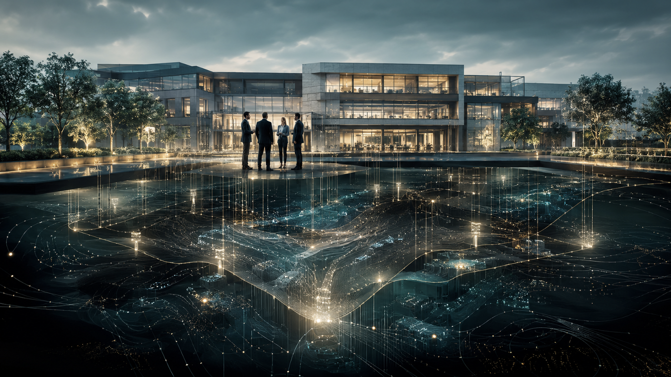 Hochtechnologisches Unternehmensgebäude mit leuchtenden digitalen Verbindungslinien